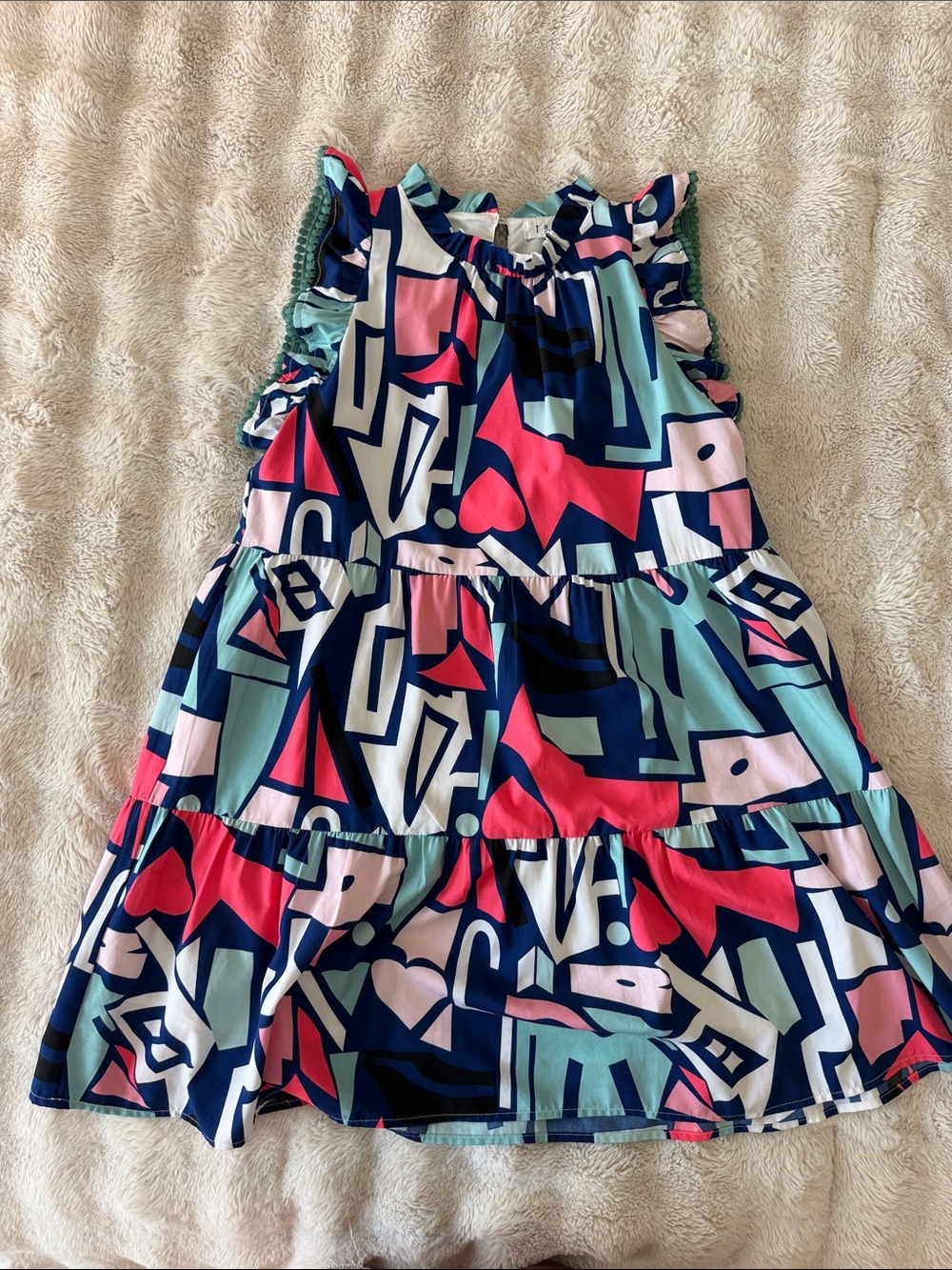 THML Navy Pink Aqua Geometric Tiered Midi Dress